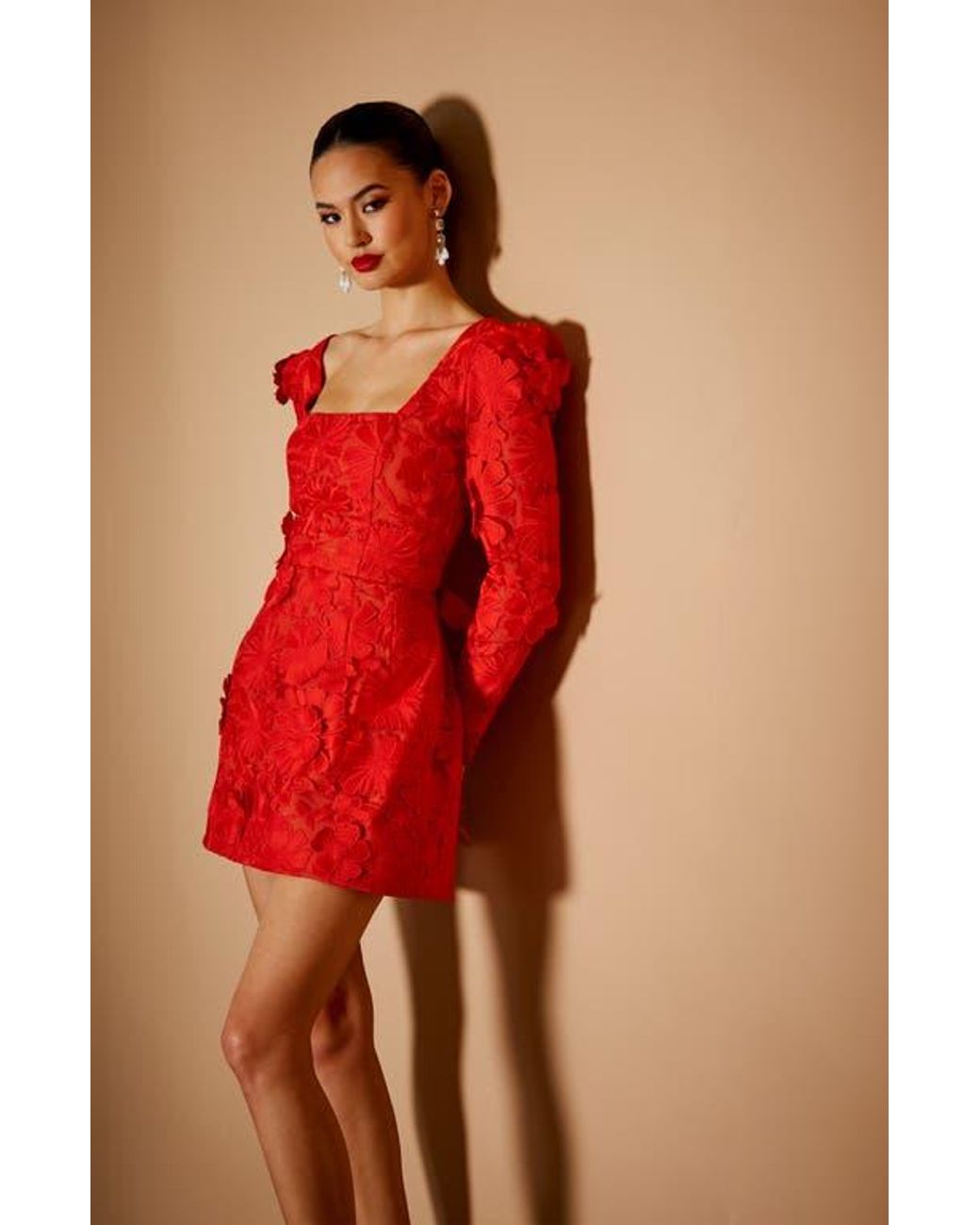 HELSI Ellen Flower Appliqu Long Sleeve Minidress in Red | Lyst