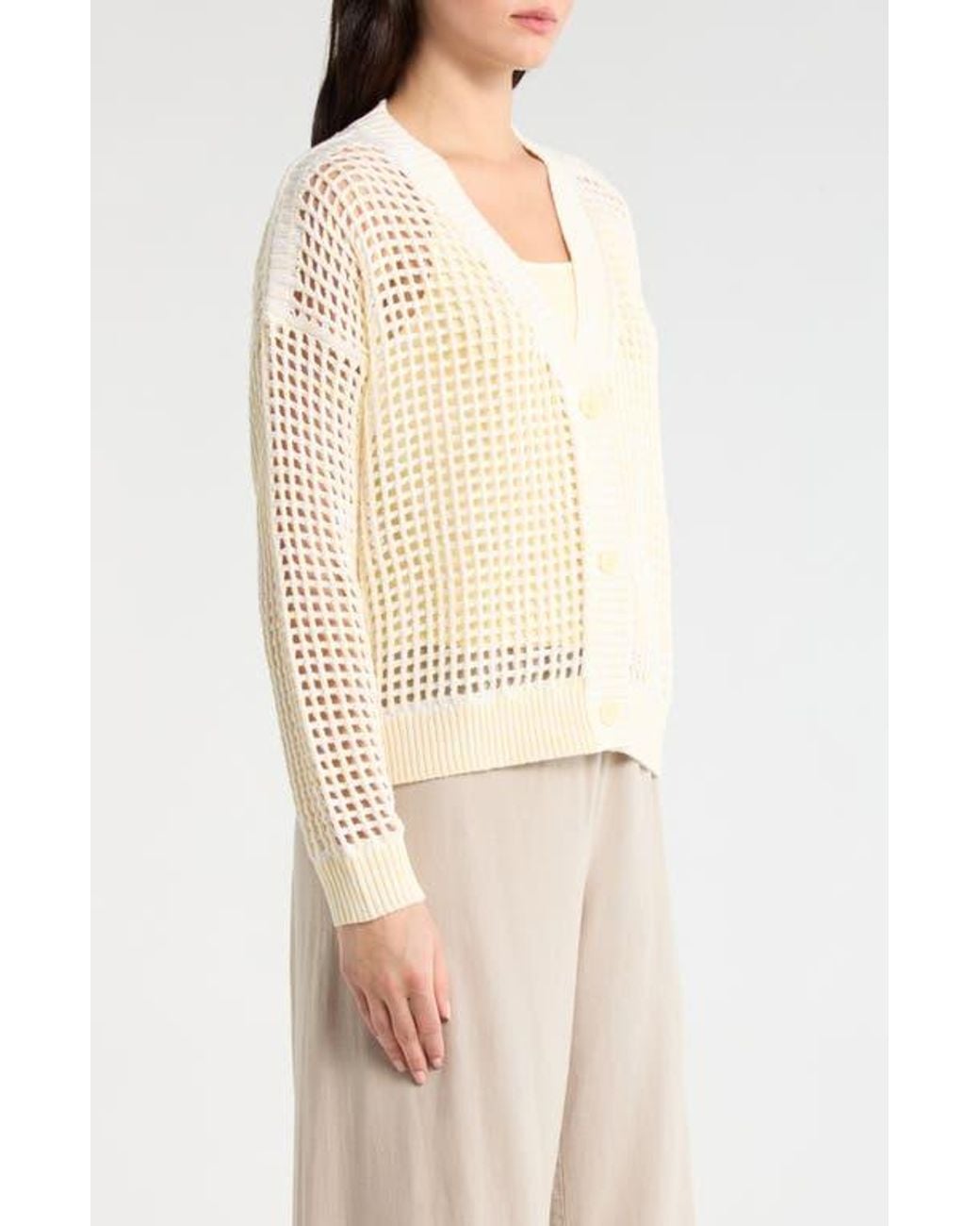 Splendid Natural Camellia Openwork V-Neck Cotton Blend Cardigan