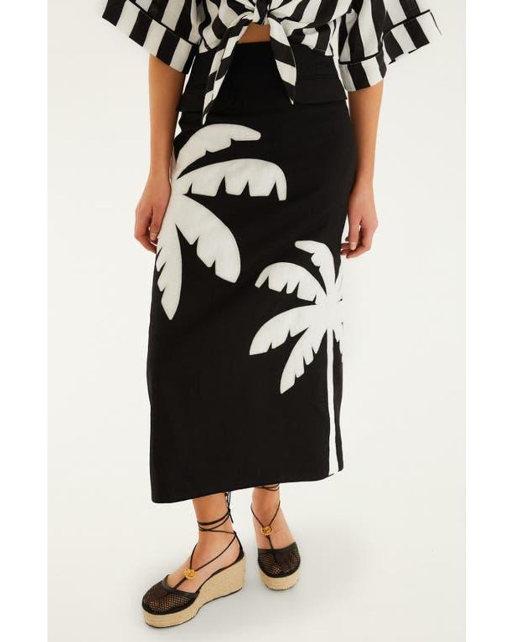 FARM Rio Palm Tree Embroidered Linen Maxi Skirt in Black | Lyst