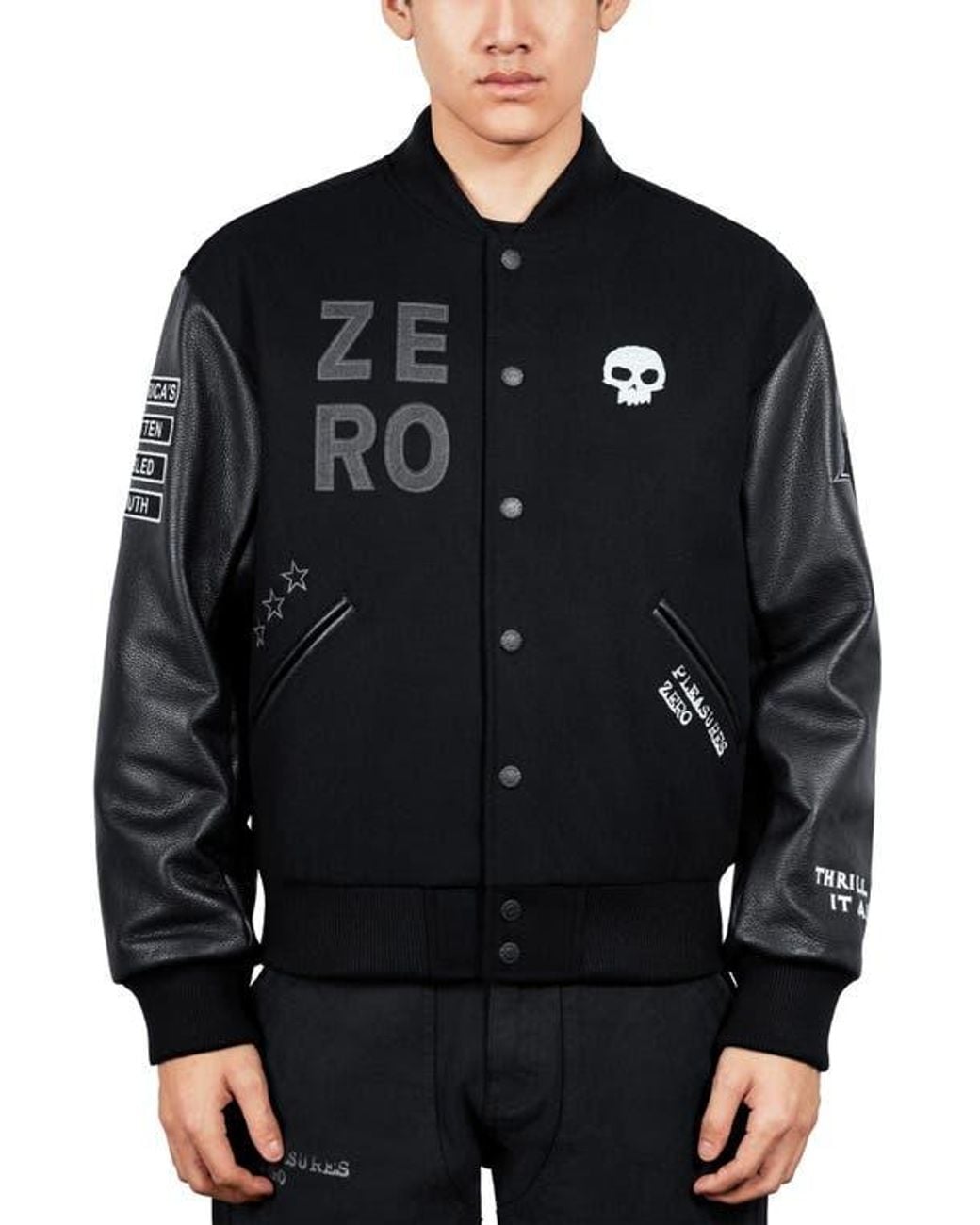 Pleasures Black X Zero Skateboards Varsity Jacket for men