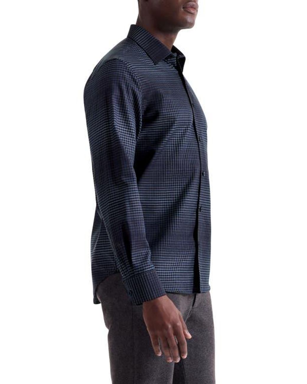 green emerald velvet dress Men's Bugatchi Long Sleeve Alvin Small Leaf Shirt, Navy, XXL main image 1