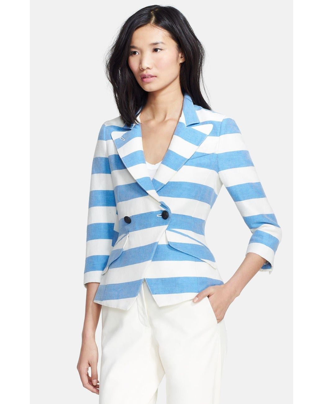 Smythe Stripe Linen Blend Blazer in Blue | Lyst