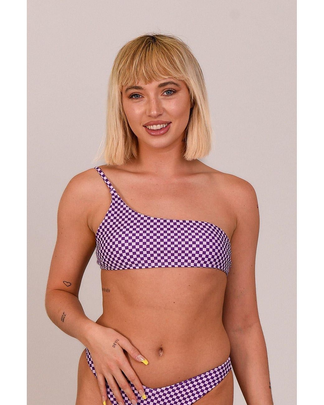 OOSC Purple Checkmate Cold Shoulder Bikini Top