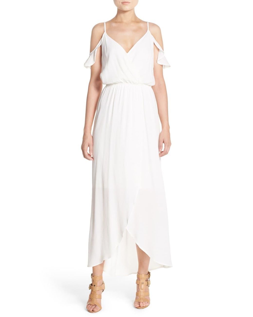 white cold shoulder wrap dress