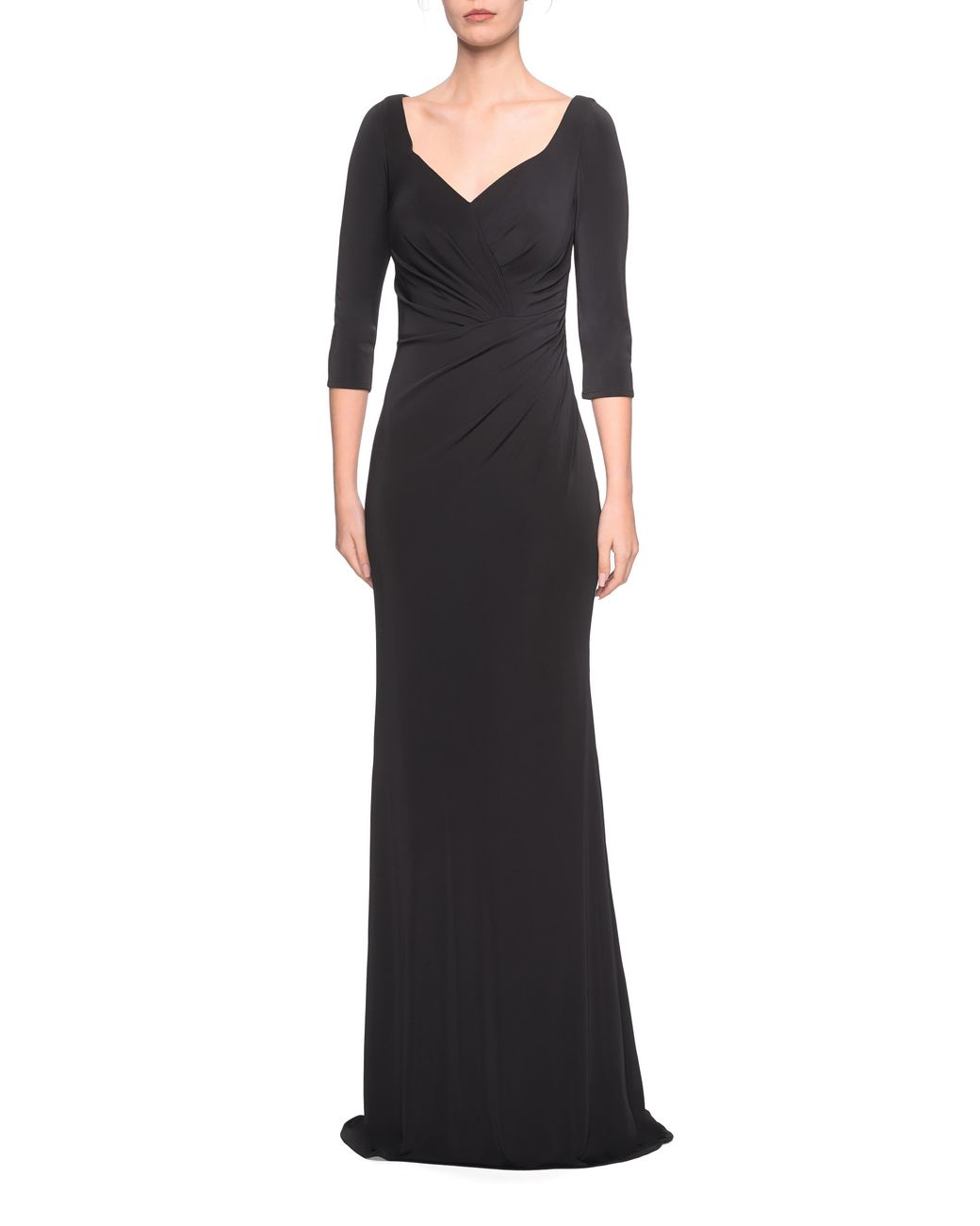 La Femme Ruched Jersey Column Gown in Black - Lyst