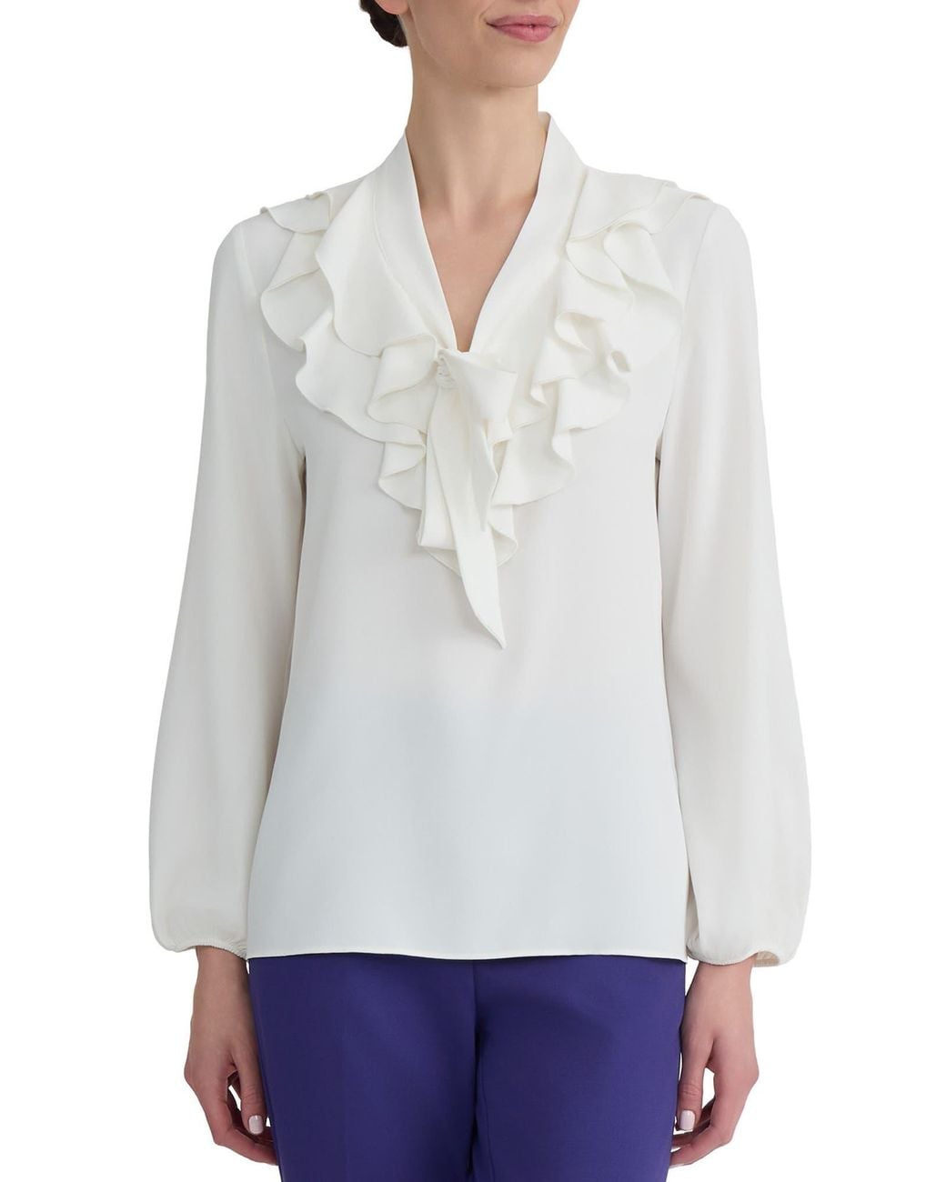 Kasper White Ruffle Tie Neck Top