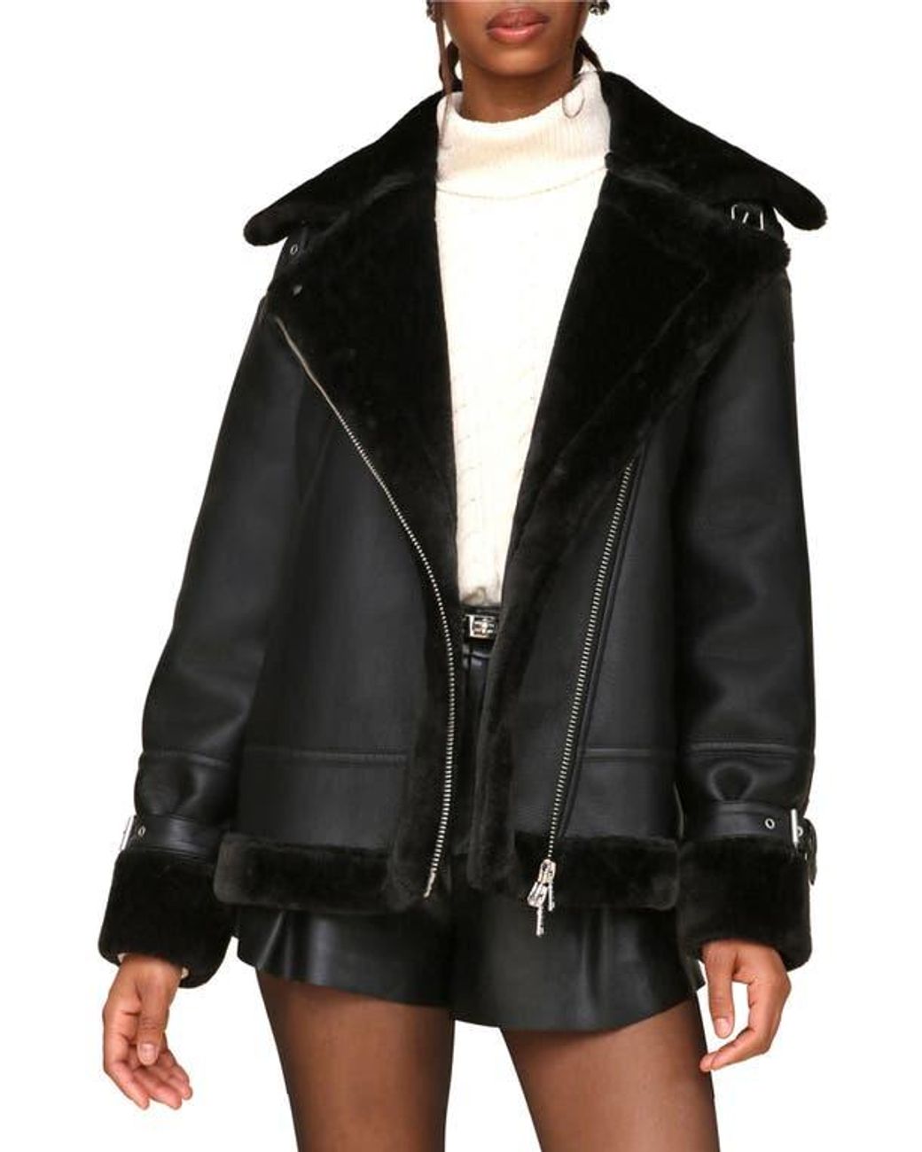 Avec Les Filles Oversize Faux Shearling Moto Jacket in Black Lyst