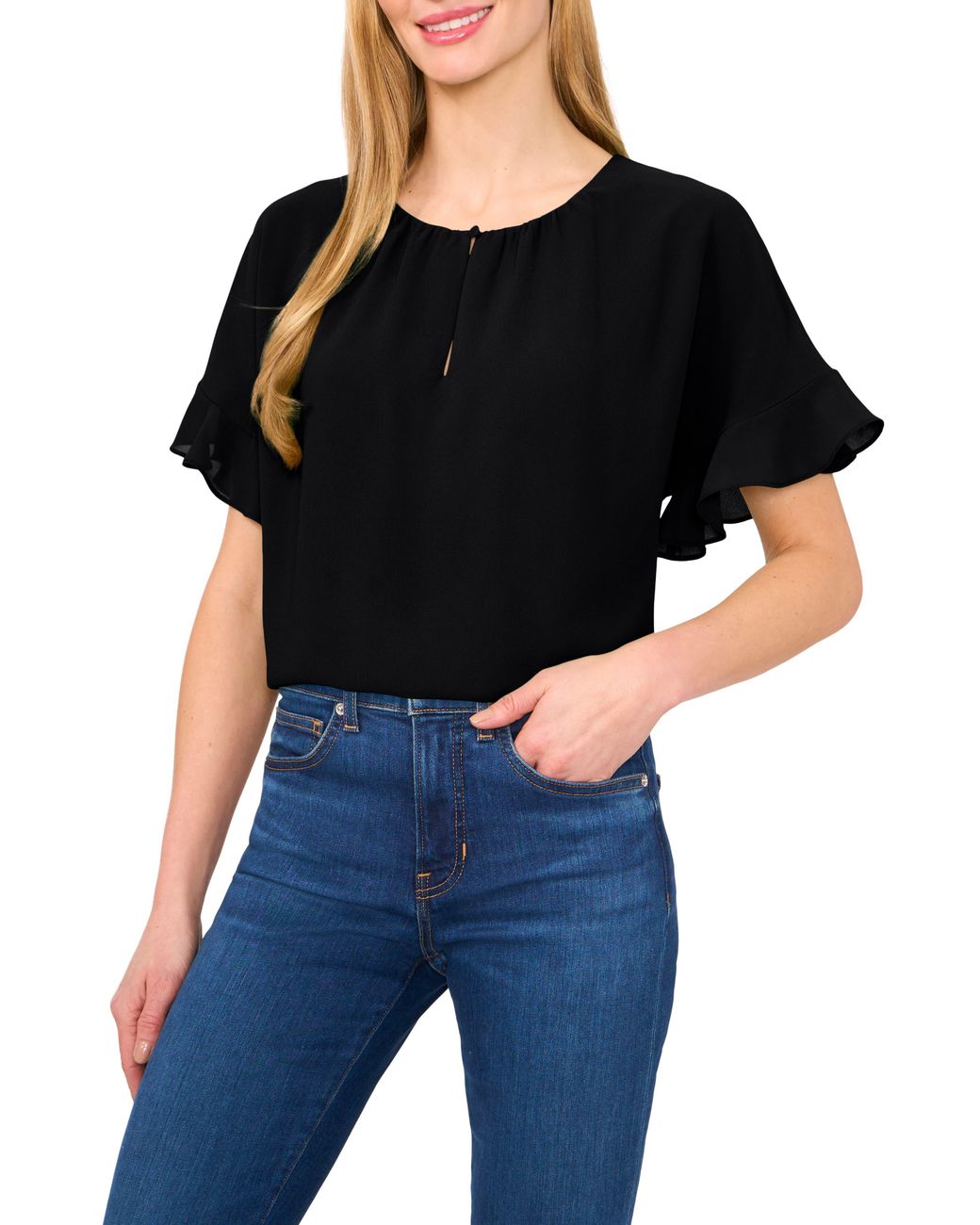 Cece Black Flutter Sleeve Georgette Top