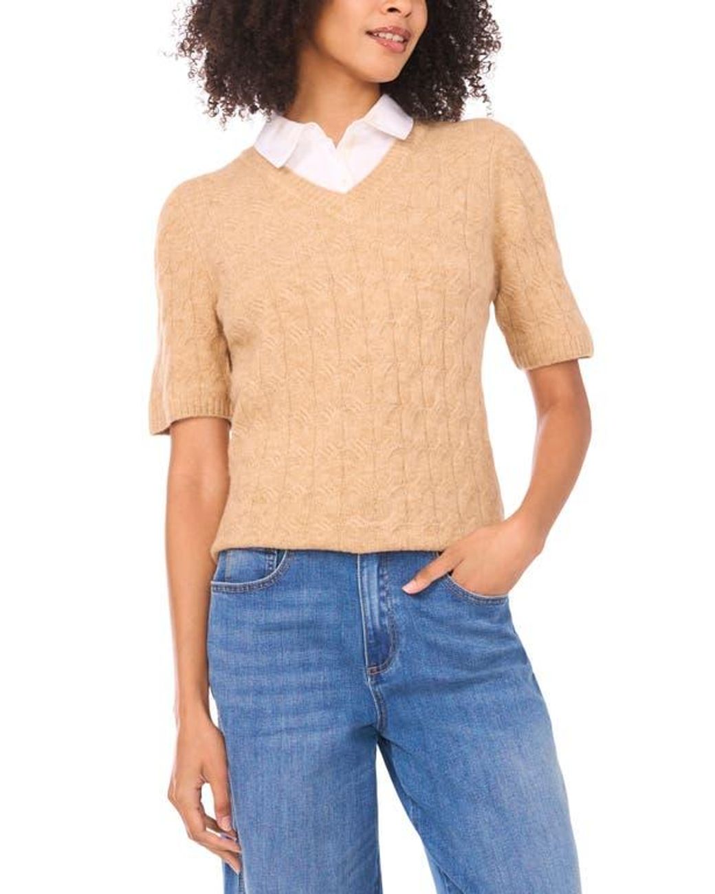 Vince Camuto Blue Layered Look Cable Short Sleeve Sweater