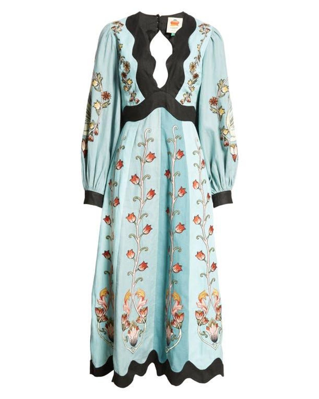 FARM Rio Floral Embroidered Long Sleeve Cutout Linen Midi Dress in Blue |  Lyst