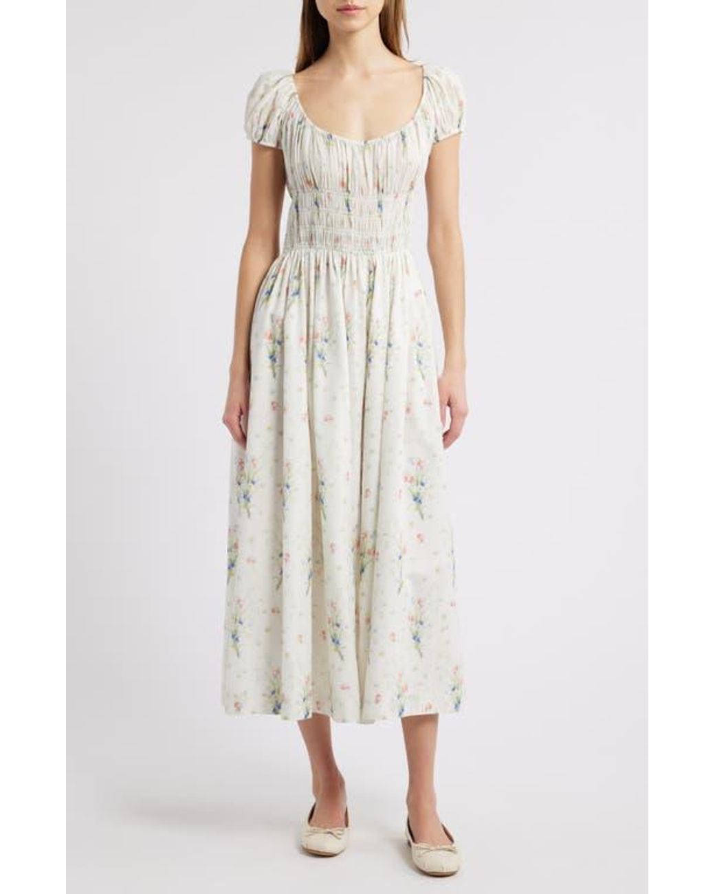 Doen Quinley Floral Organic Cotton Midi Dress in White | Lyst