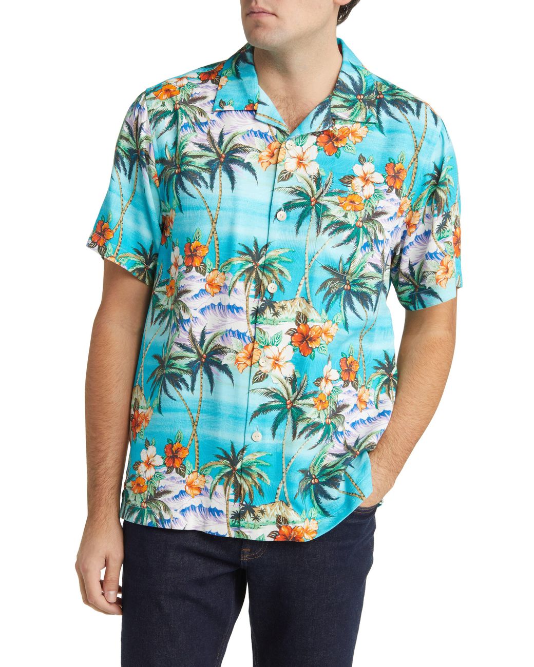 Tommy Bahama Isla Palmetta Floral Silk Blend Camp Shirt in Blue
