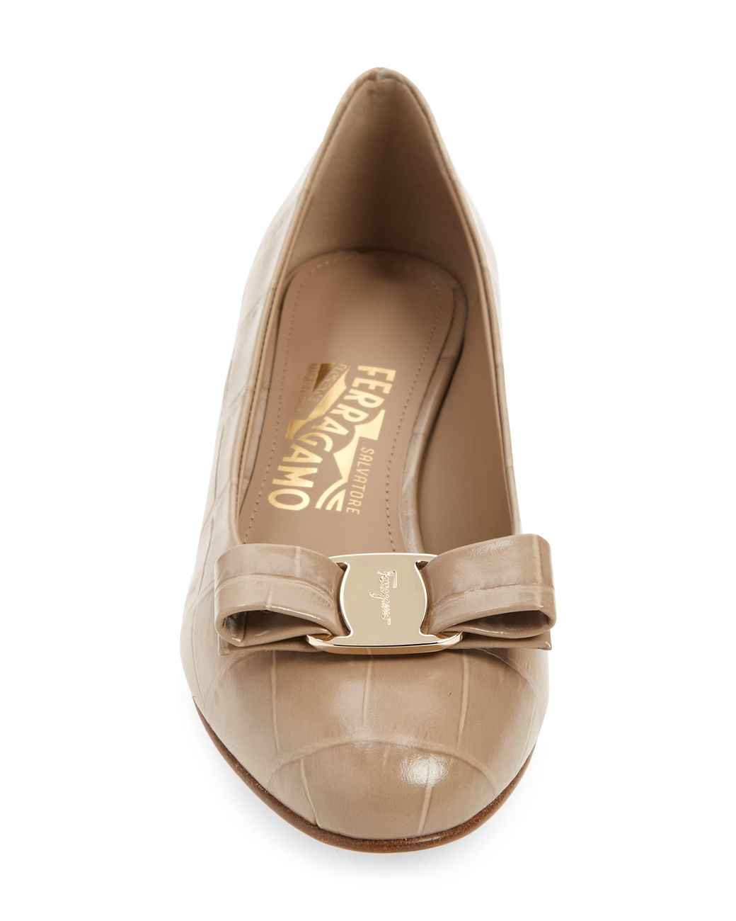 Ferragamo Vara Bow Metallic Embossed Low Pumps