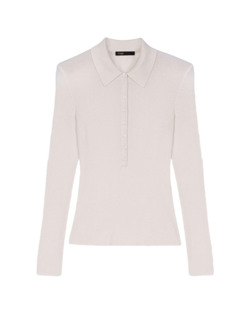 Maje White Ribbed Polo Sweater
