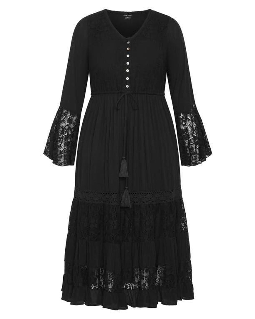 City Chic Dulce Lace Detail Long Sleeve Maxi Dress in Black | Lyst