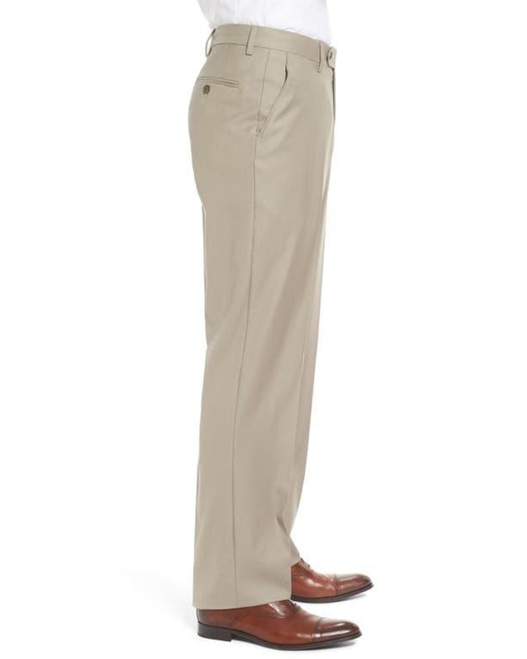 Berle Natural Flat Front Solid Super 130S Wool Gabardine Trousers for men