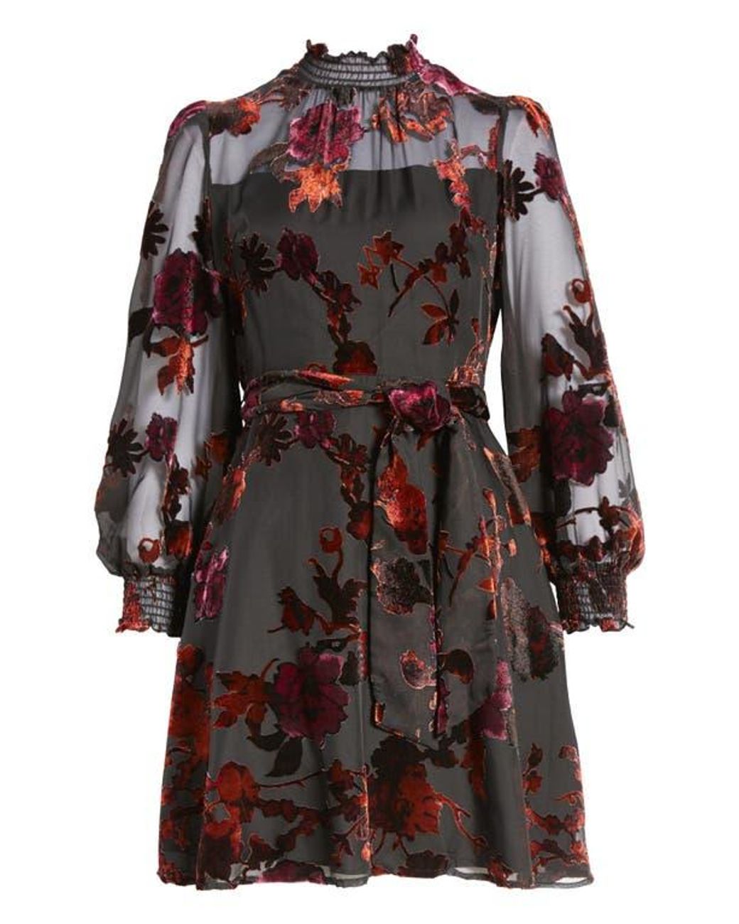 Eliza J Smocked Trim Long Sleeve Velvet Burnout Dress in