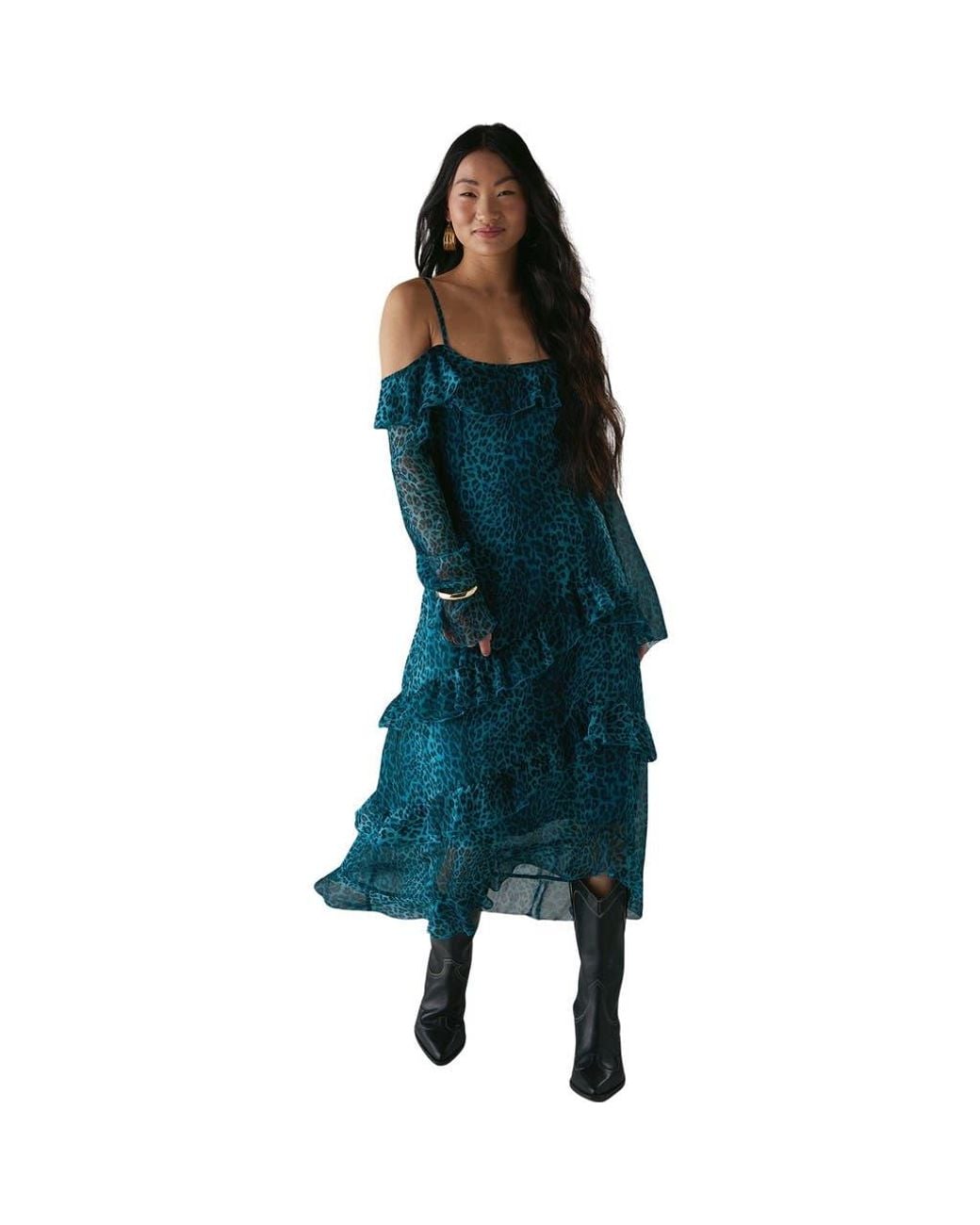warehouse green dress Ruffle Cold Shoulder Midi in Citron Garden Jacquard