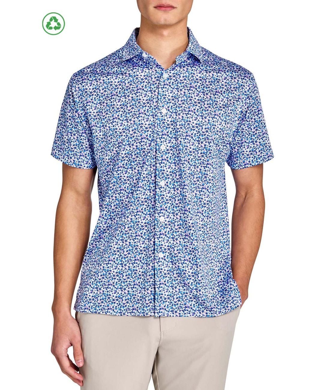 Con.struct Blue Regular Fit Clustered Floral Recycled Performance Golf Button-Down Shirt for men