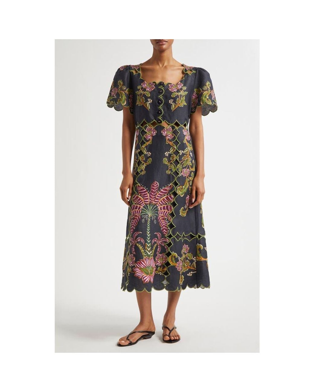 FARM Rio Ravenala Floral Short Sleeve Midi Dress in Black | Lyst