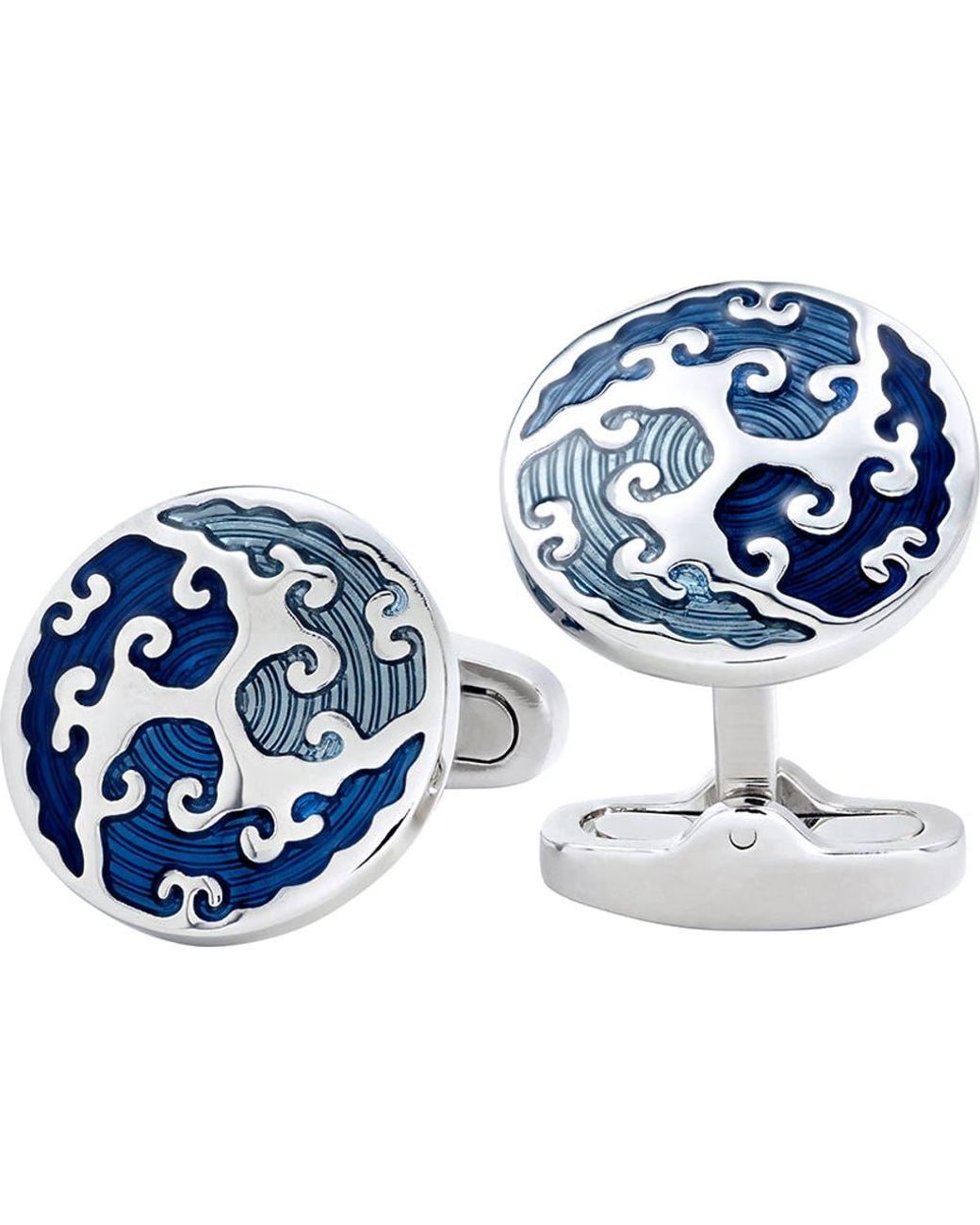 Link Up Blue Round Cufflinks With Enamel Wave Overlay for men