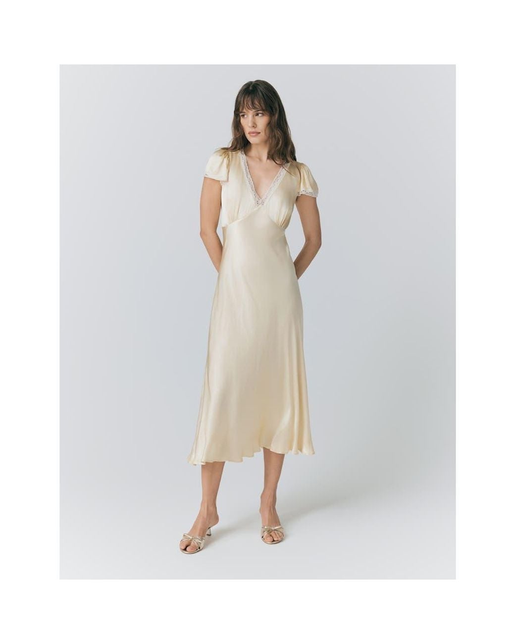 lillie midi dress beige Ghost Lace Trim Satin in Natural Long sleeve mini dress