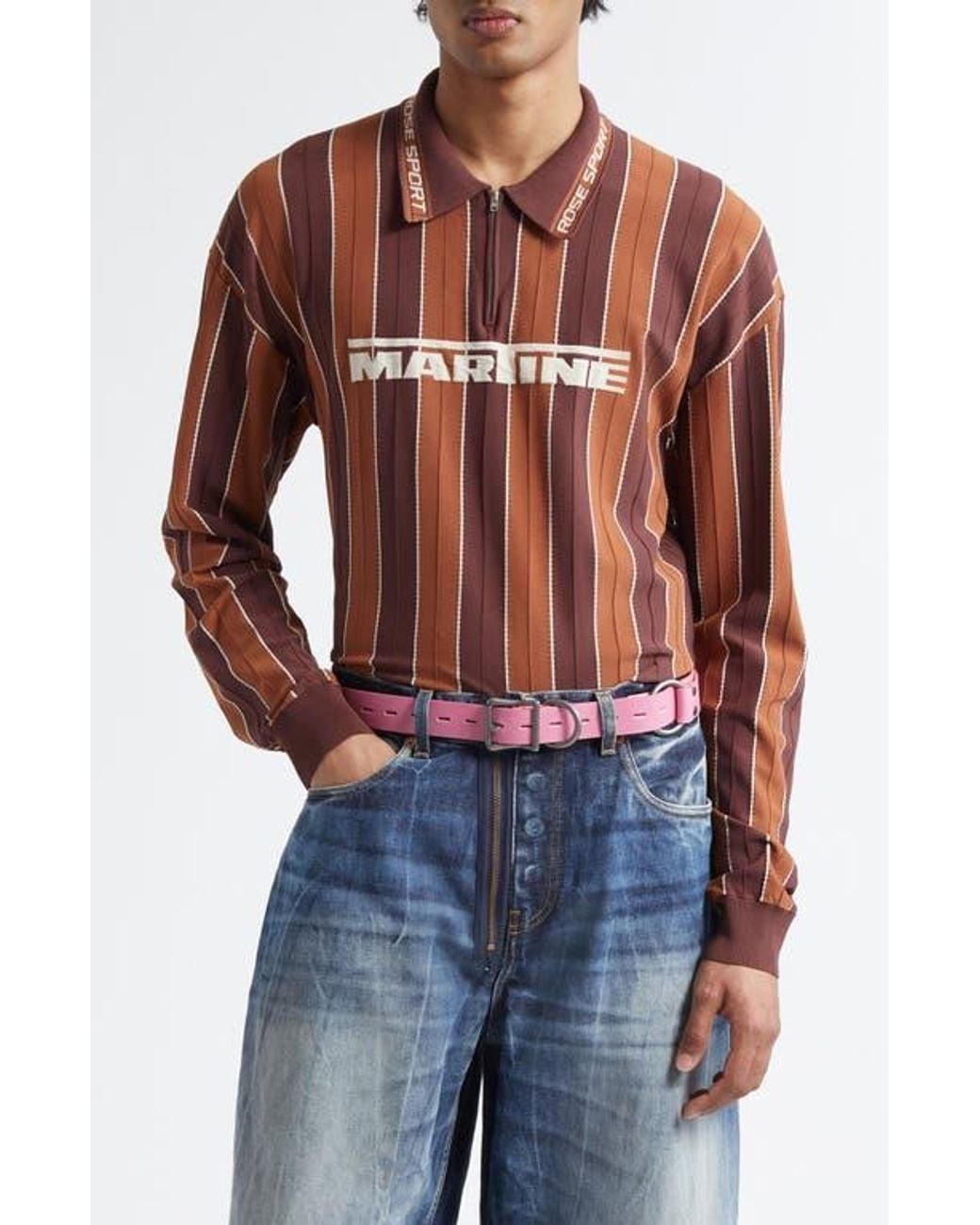 Martine Rose Logo Jacquard Stripe Long Sleeve Zip Polo in Brown