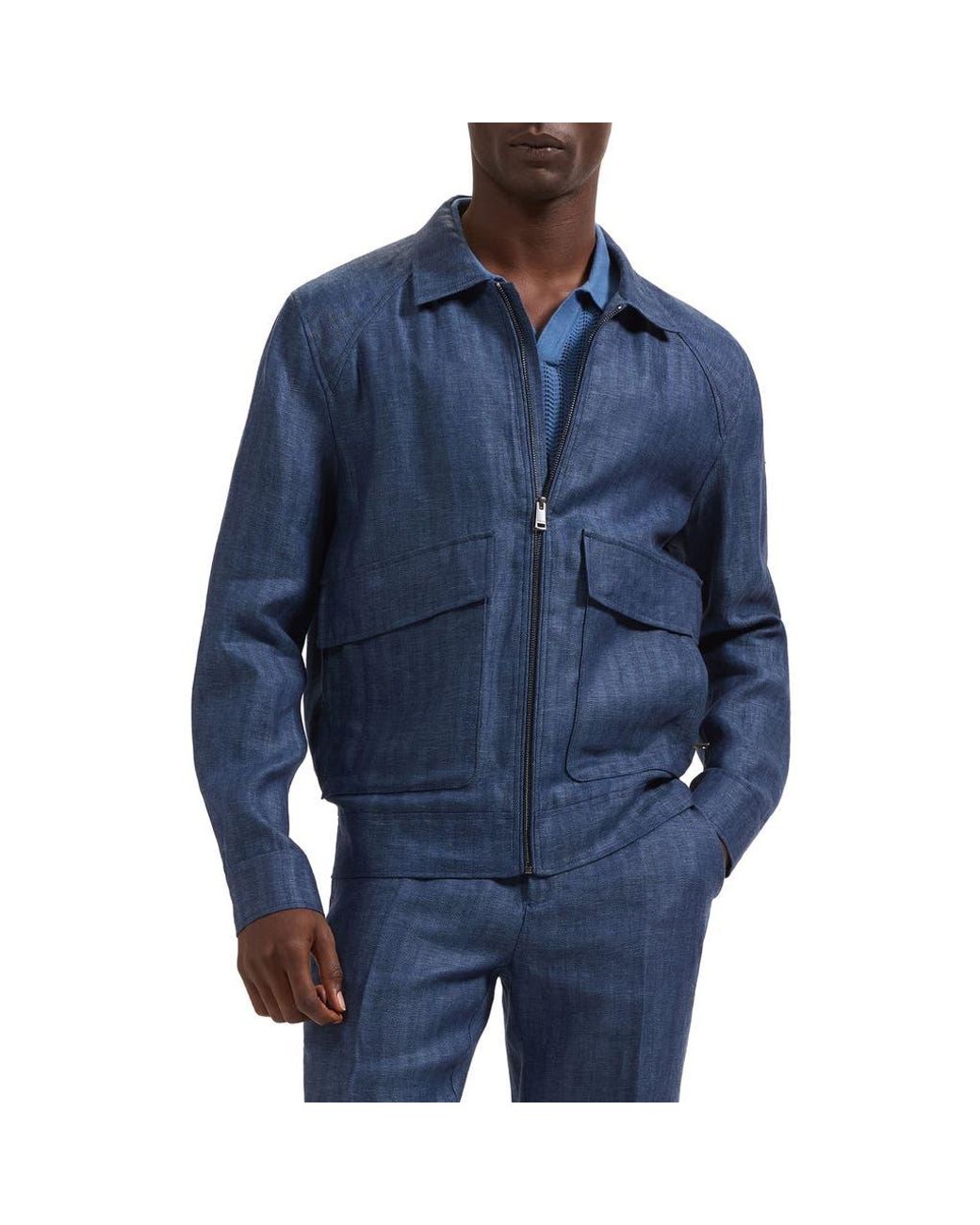 Bugatchi Blue Linen Bomber Jacket for men