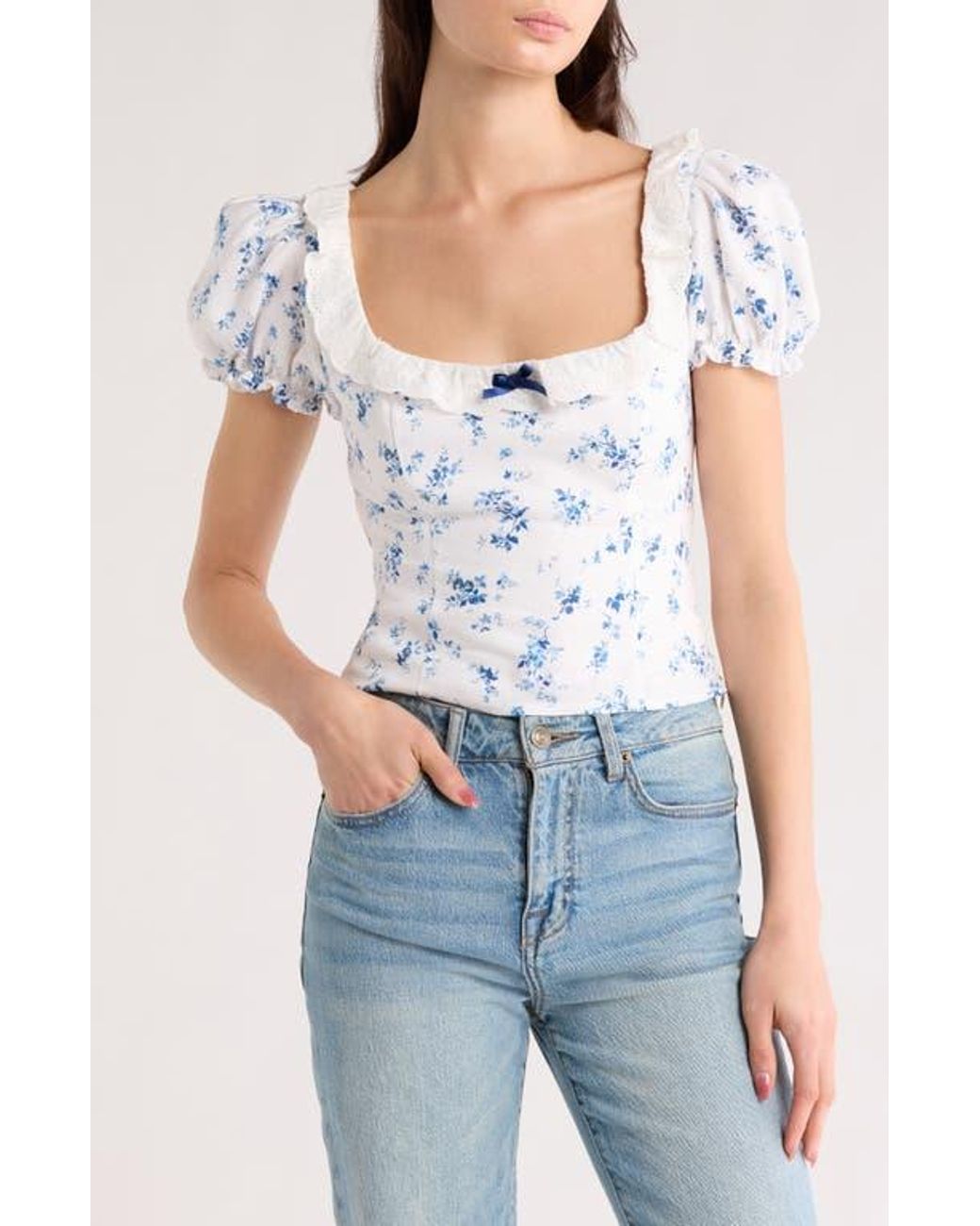 Reformation Alice Lace Trim Puff Sleeve Crop Top in Blue | Lyst