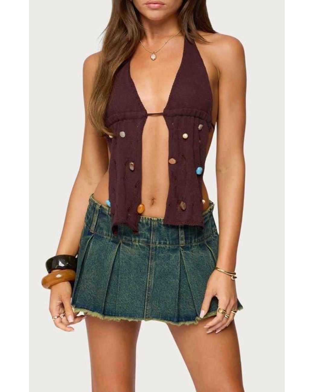 Edikted Green Beaded Distressed Split Front Halter Top