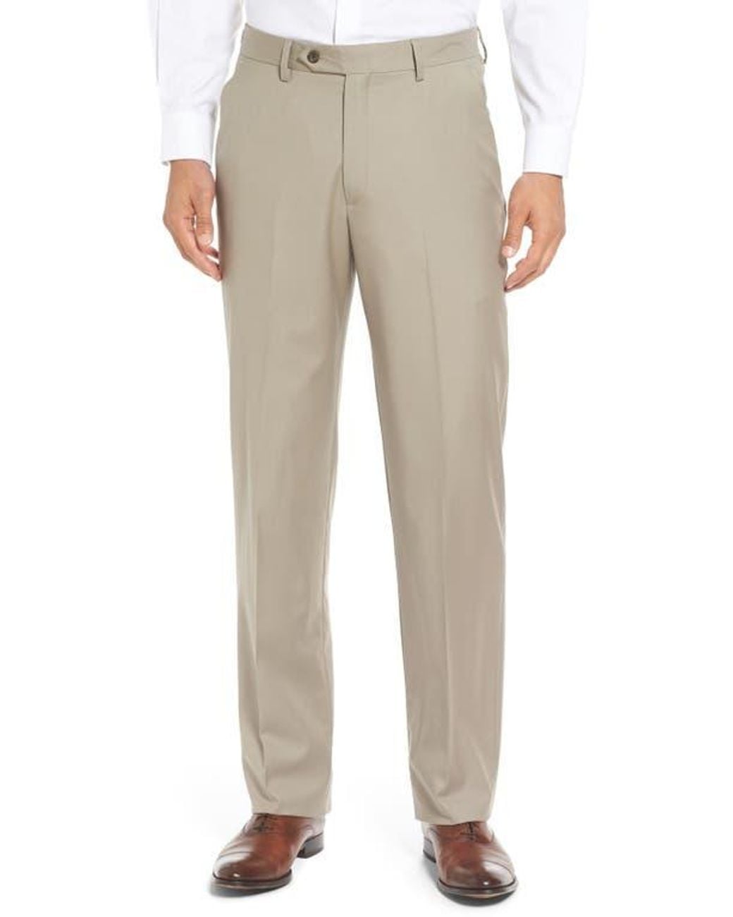 Berle Natural Flat Front Solid Super 130S Wool Gabardine Trousers for men