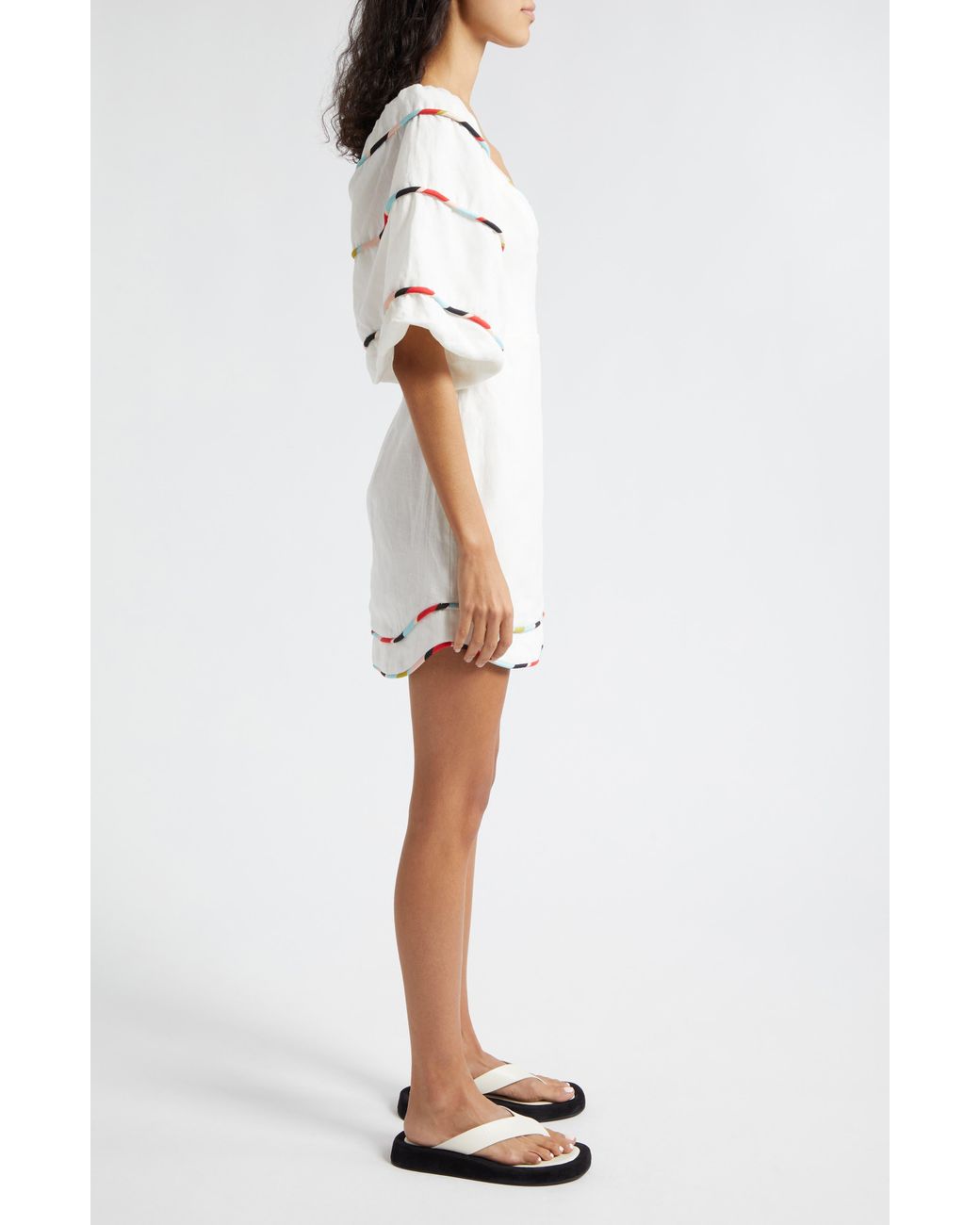 FARM Rio Stripe Trim Puff Sleeve Linen Minidress in White | Lyst
