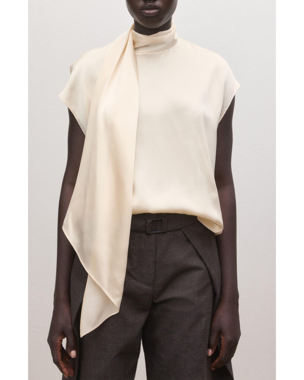 Mango Natural Tie Neck Silk Top