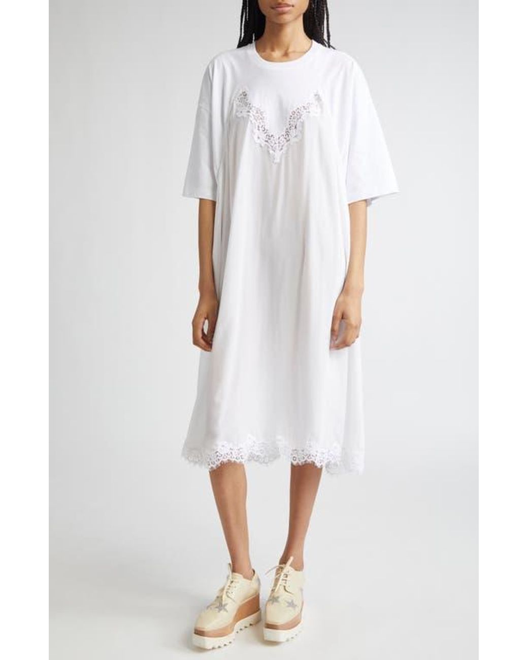 Stella McCartney Lace Trim Mixed Media T-Shirt Dress in White | Lyst