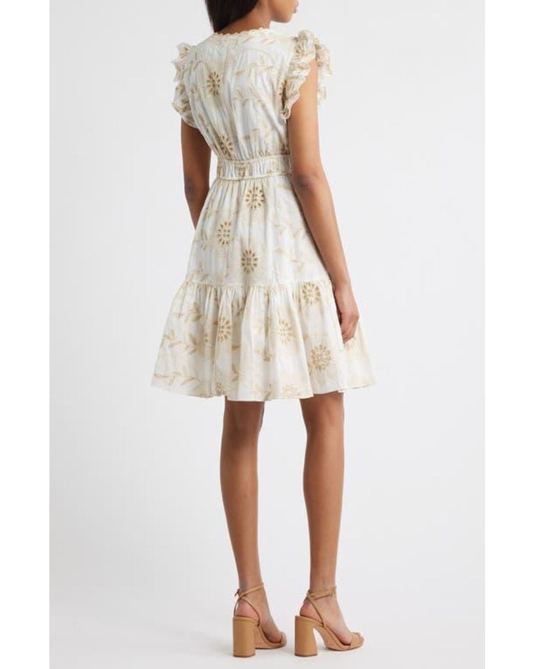 Anne Klein Embroidered Eyelet Cotton Ruffle Dress in Natural | Lyst