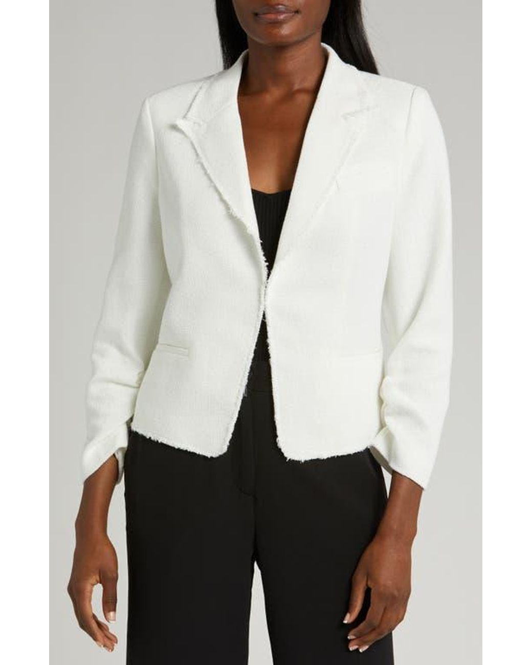 Halogen® White Raw Hem Crop Blazer