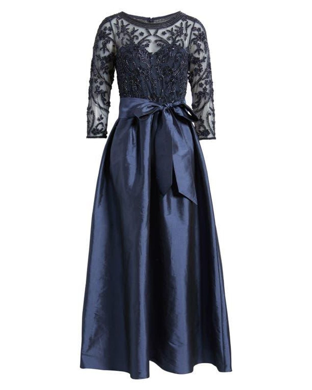 pisarro nights beaded illusion neck dress Pisarro Nights Women's Beaded Illusion Neck Taffeta Cocktail Dress - Blue