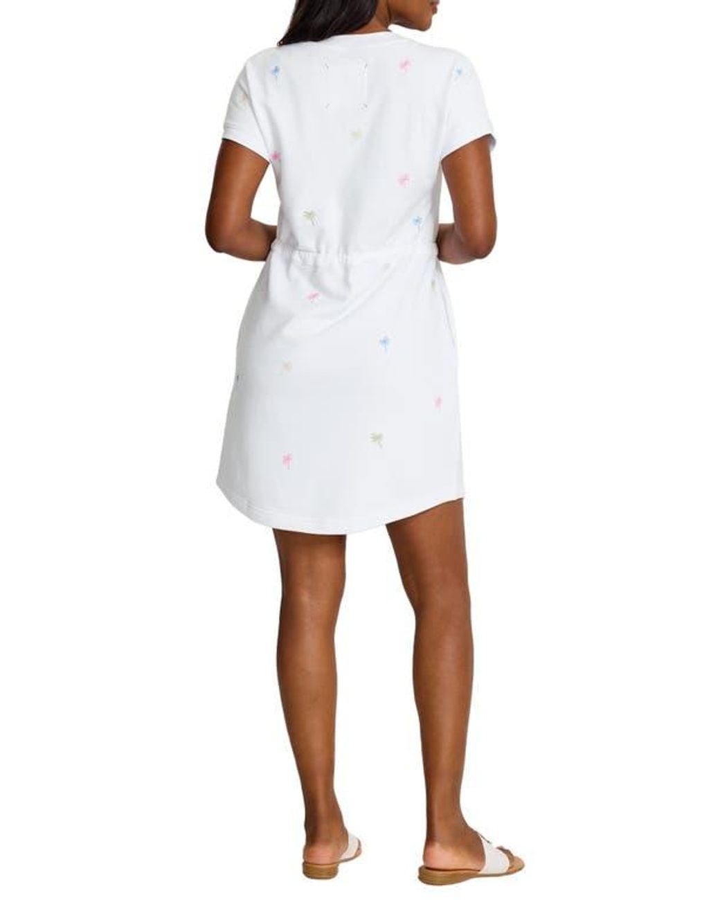 Tommy Bahama White Marina Del Mar Embroidered Palm Tree Cotton Fleece V-Neck Dress