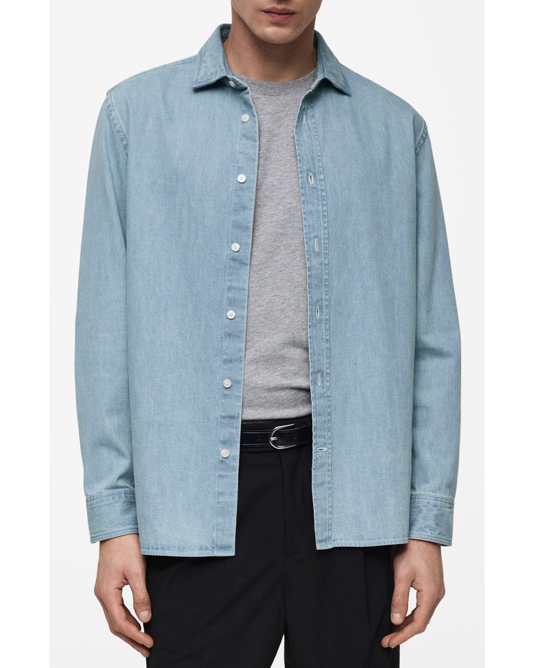 Mango Blue Denim Button-Up Shirt for men