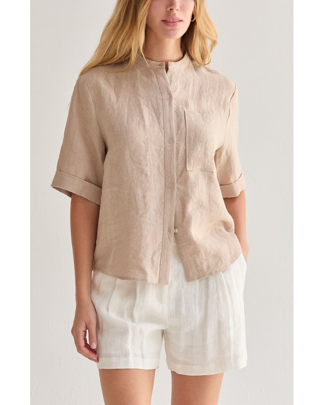 Crescent Natural Mandarin Collar Button Up Linen Top