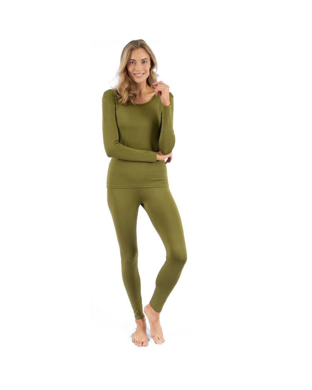 Leveret Green Two-Piece Thermal Long Sleeve Solid Pajamas