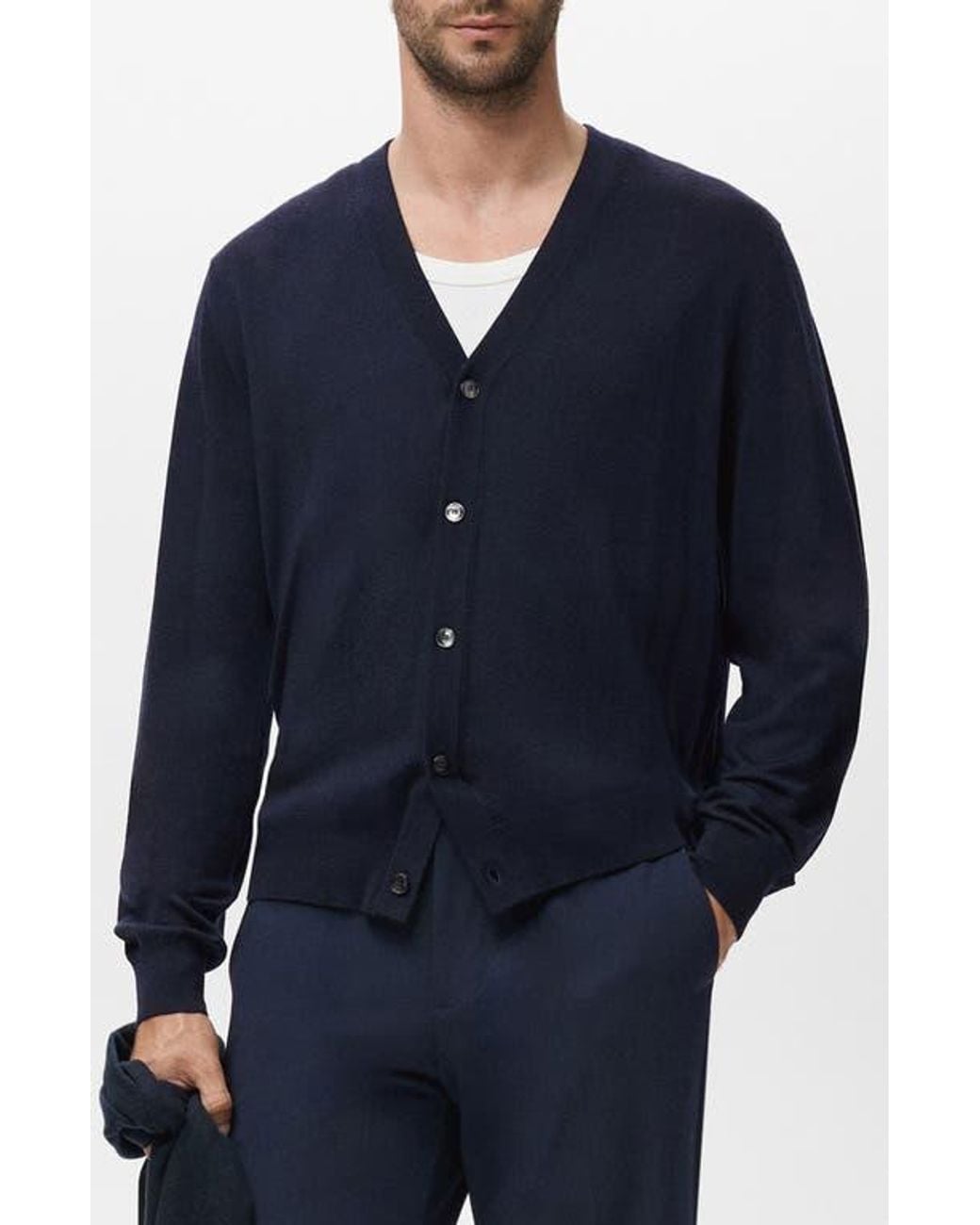 Mango Blue Solid Wool Cardigan for men