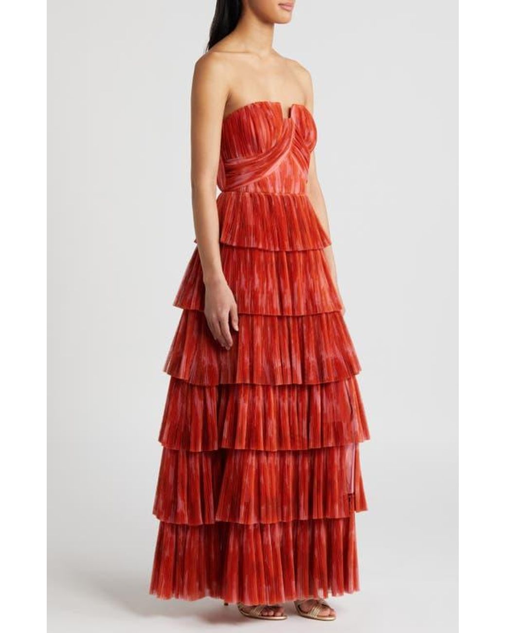 Hutch Simi Pliss Ruffle Strapless Gown in Red | Lyst
