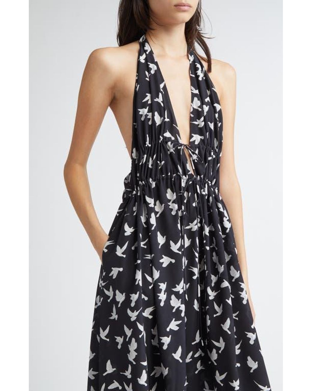 Stella McCartney Mini Birds Halter Neck Silk Crpe De Chine Maxi Dress in  Black | Lyst
