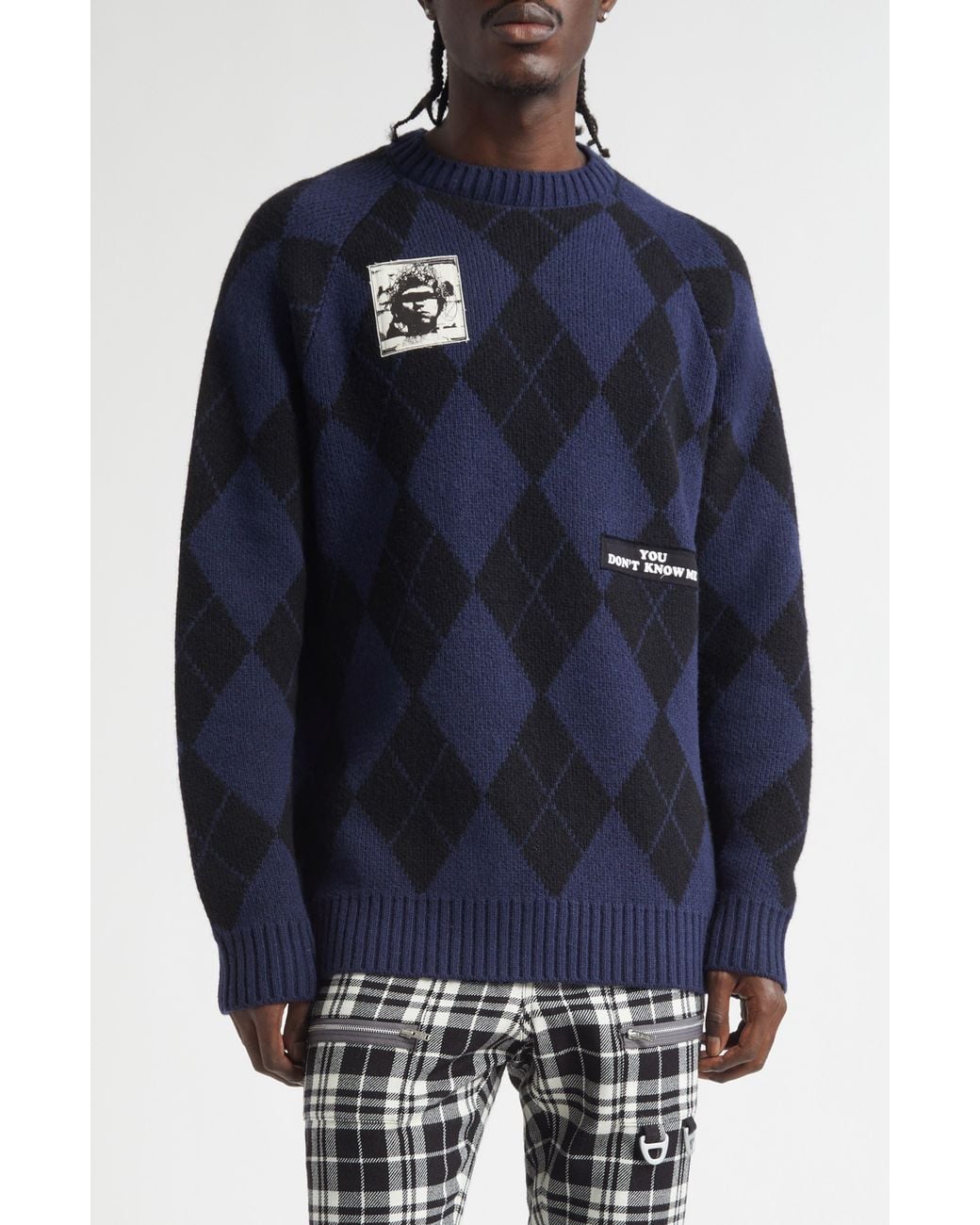 Undercover Blue Embroidered Patch Argyle Plaid Wool Blend Sweater for men