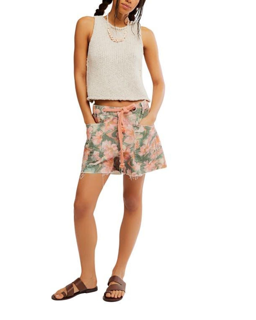 Free People Natural Moxie Floral Tie Waist Cotton Shorts