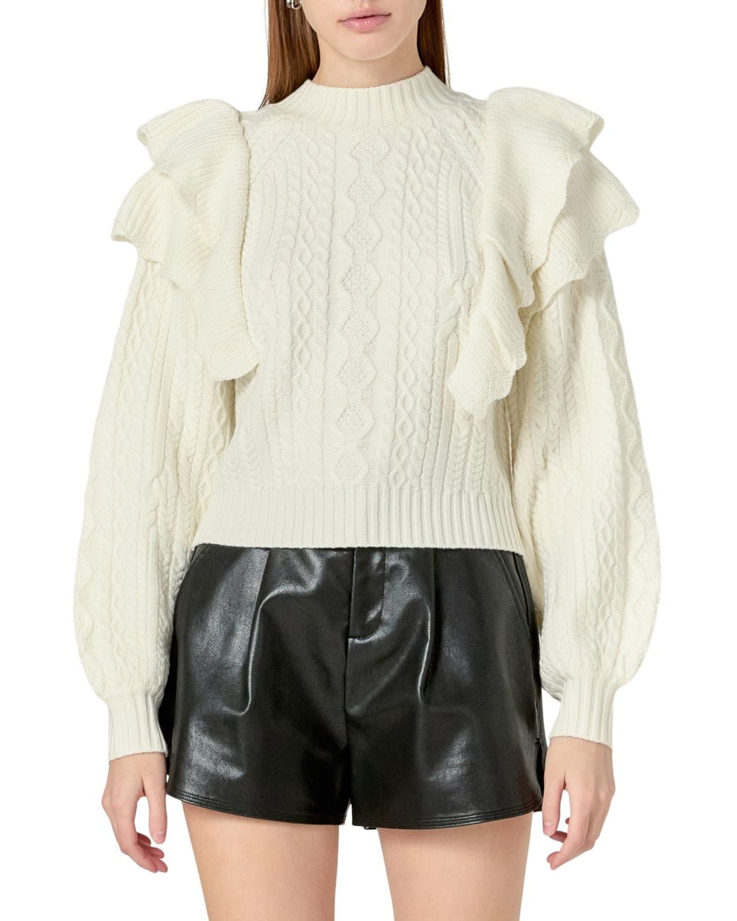 Endless Rose White Ruffle Cable Stitch Sweater