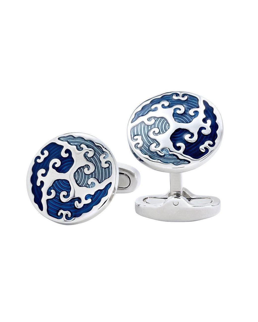 Link Up Blue Round Cufflinks With Enamel Wave Overlay for men