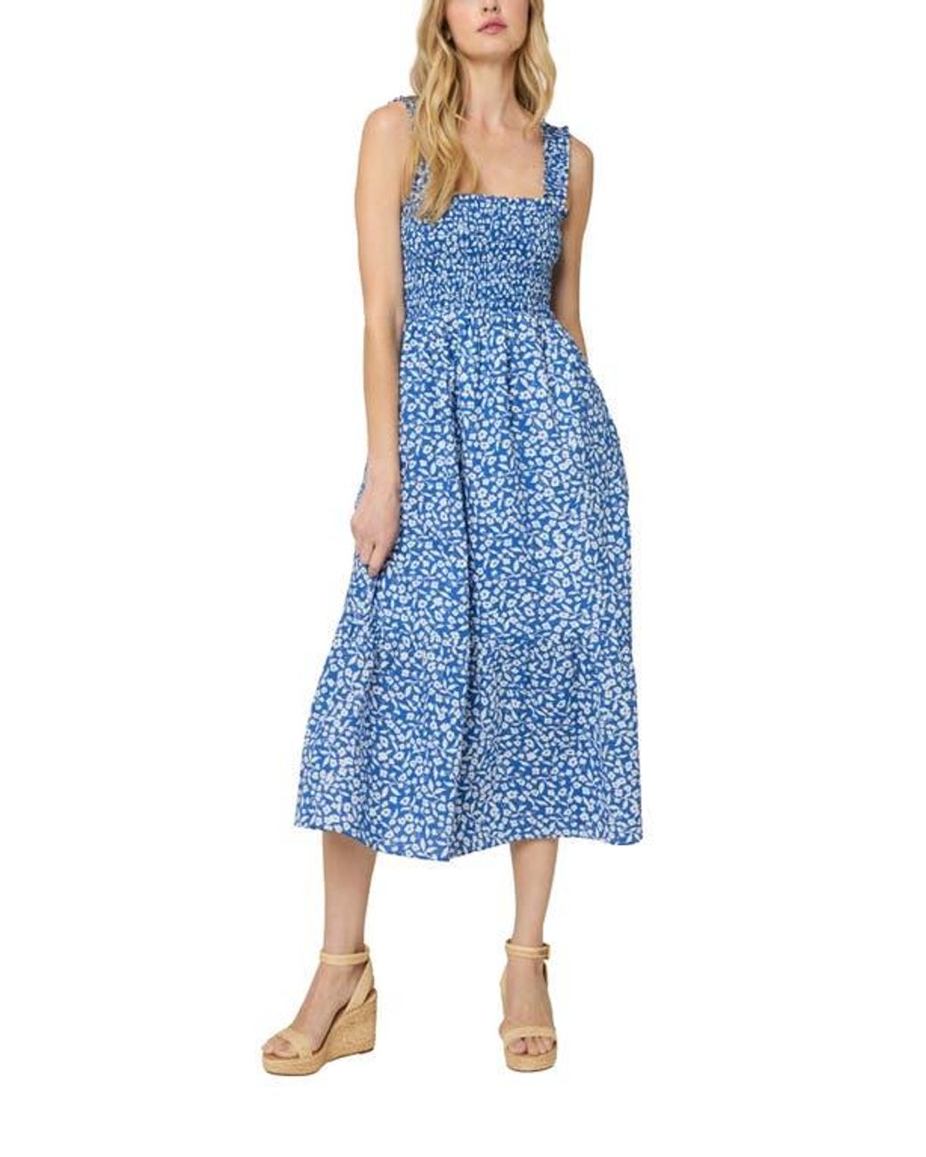 knee length dresses for ladies Blue Contrast Stitch Smocked Ruffle Strap Midi Dress – PinkBlush