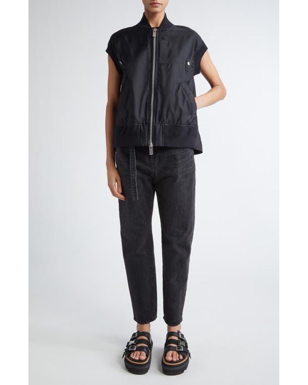 Sacai Nylon Twill Short Sleeve Bomber Jacket in Black | Lyst